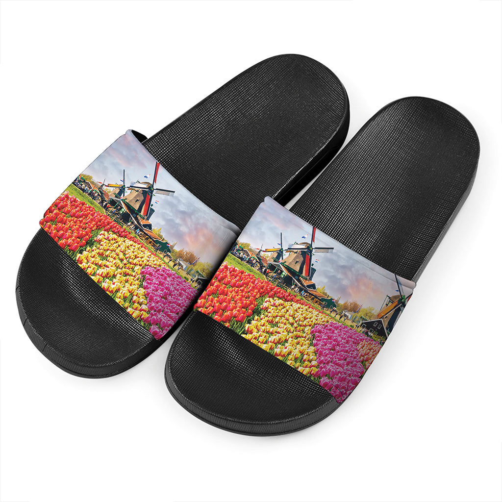 Tulip Field Print Black Slide Sandals
