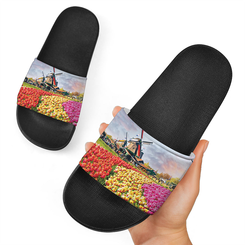 Tulip Field Print Black Slide Sandals