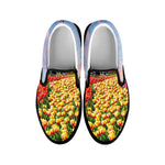 Tulip Field Print Black Slip On Shoes