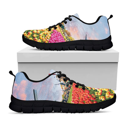 Tulip Field Print Black Sneakers