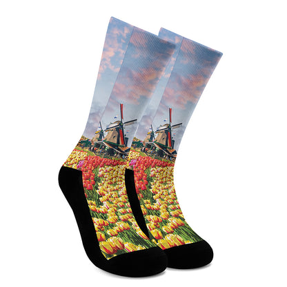 Tulip Field Print Crew Socks