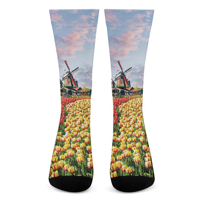 Tulip Field Print Crew Socks
