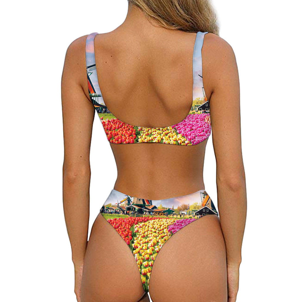 Tulip Field Print Front Bow Tie Bikini