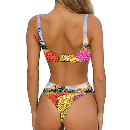 Tulip Field Print Front Bow Tie Bikini