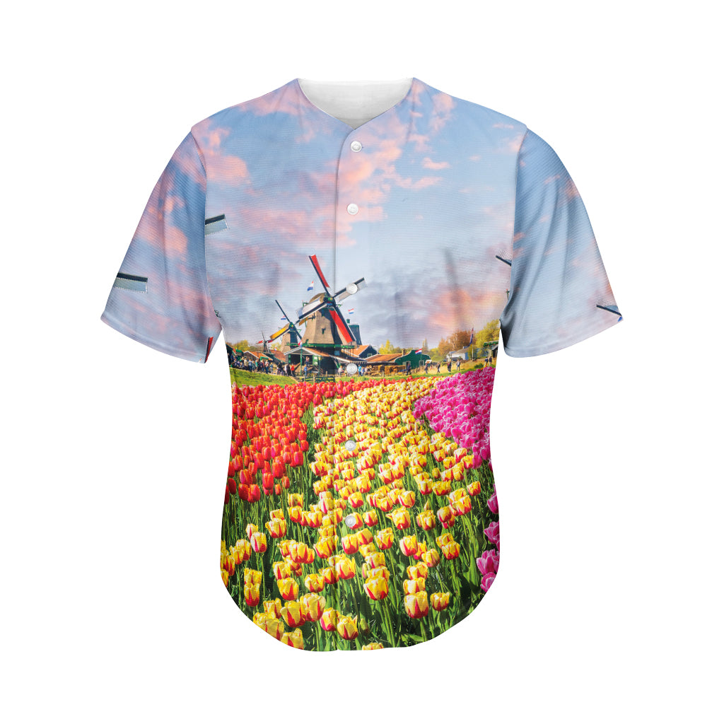 Tulip Field Print Men's Baseball Jersey