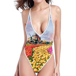 Tulip Field Print One Piece High Cut Swimsuit