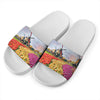 Tulip Field Print White Slide Sandals