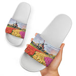 Tulip Field Print White Slide Sandals