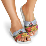 Tulip Field Print White Slide Sandals