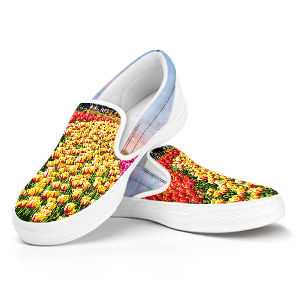Tulip Field Print White Slip On Shoes