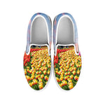 Tulip Field Print White Slip On Shoes