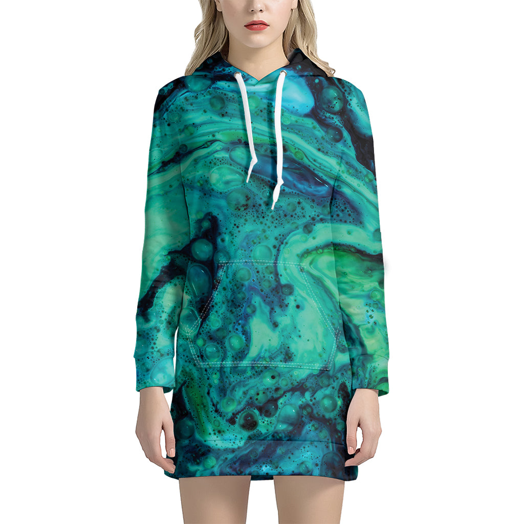 Turquoise Acid Melt Print Hoodie Dress