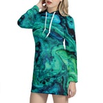 Turquoise Acid Melt Print Hoodie Dress