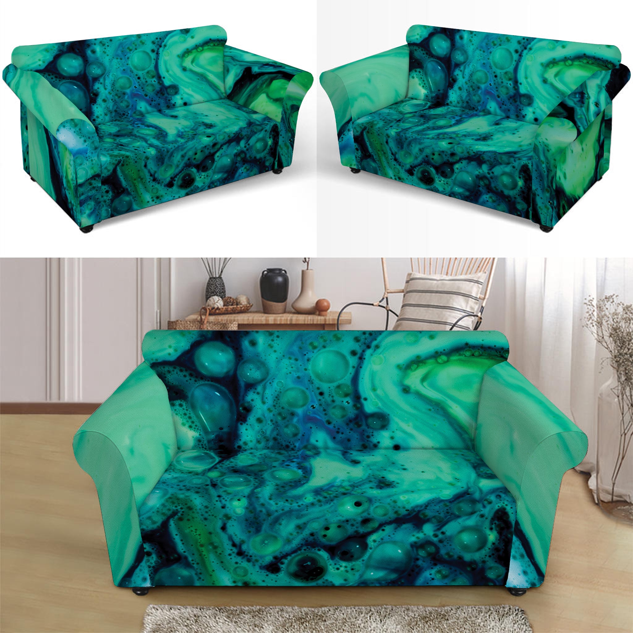 Turquoise Acid Melt Print Loveseat Slipcover