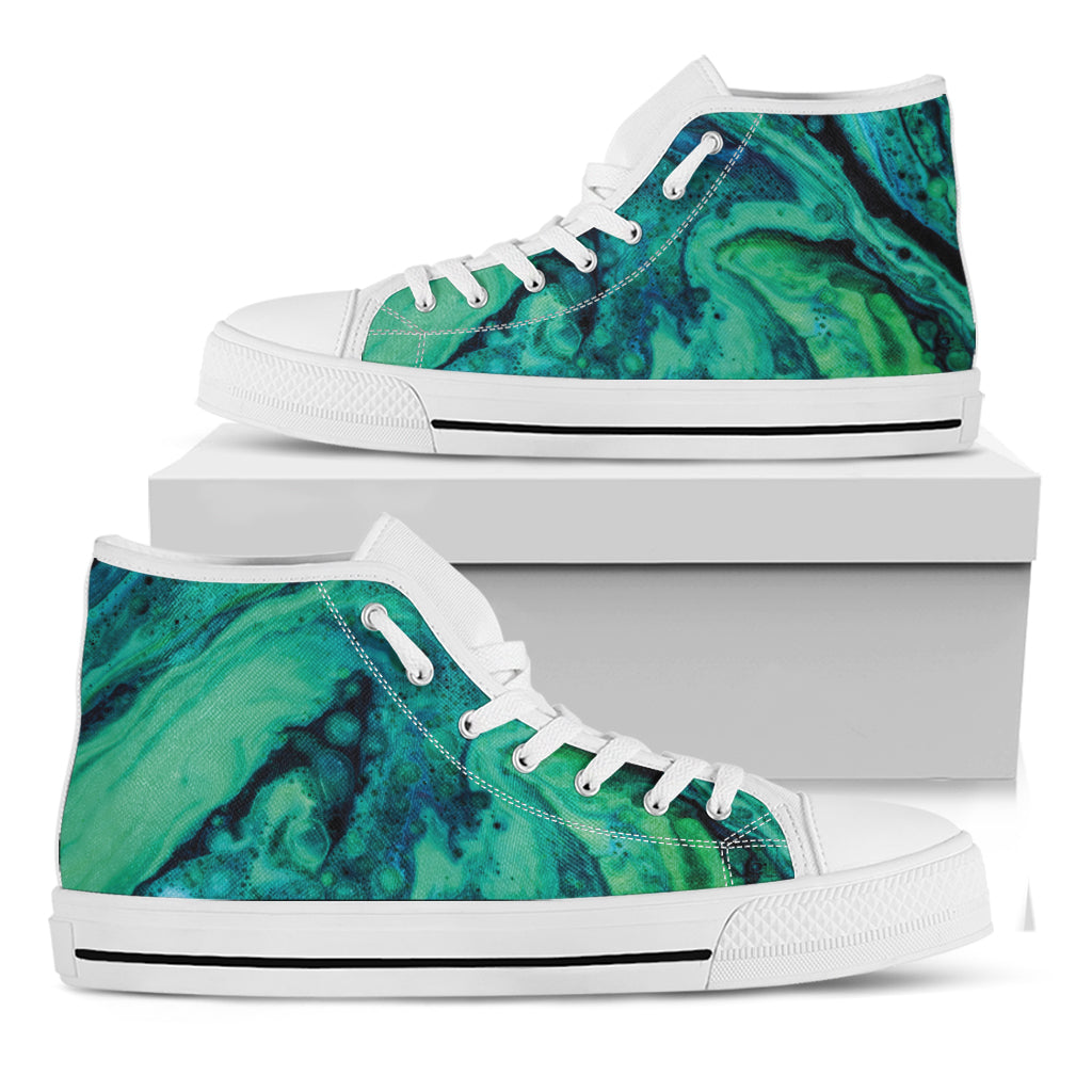 Turquoise Acid Melt Print White High Top Shoes