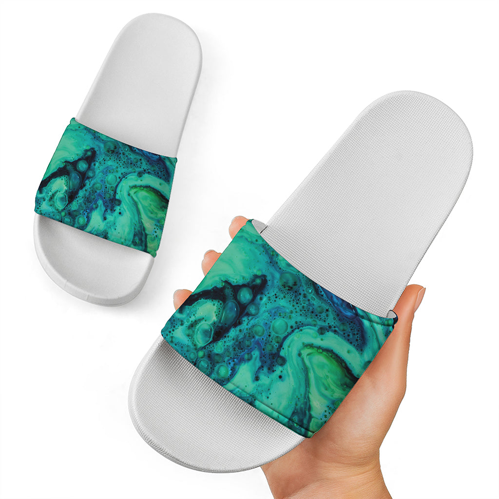 Turquoise Acid Melt Print White Slide Sandals