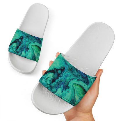 Turquoise Acid Melt Print White Slide Sandals