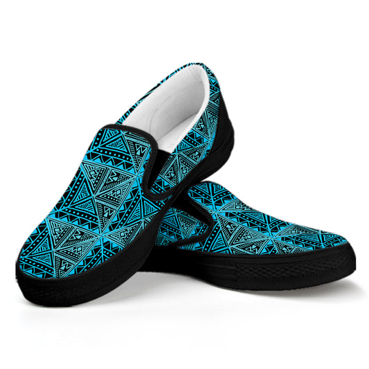 Turquoise African Ethnic Pattern Print Black Slip On Shoes