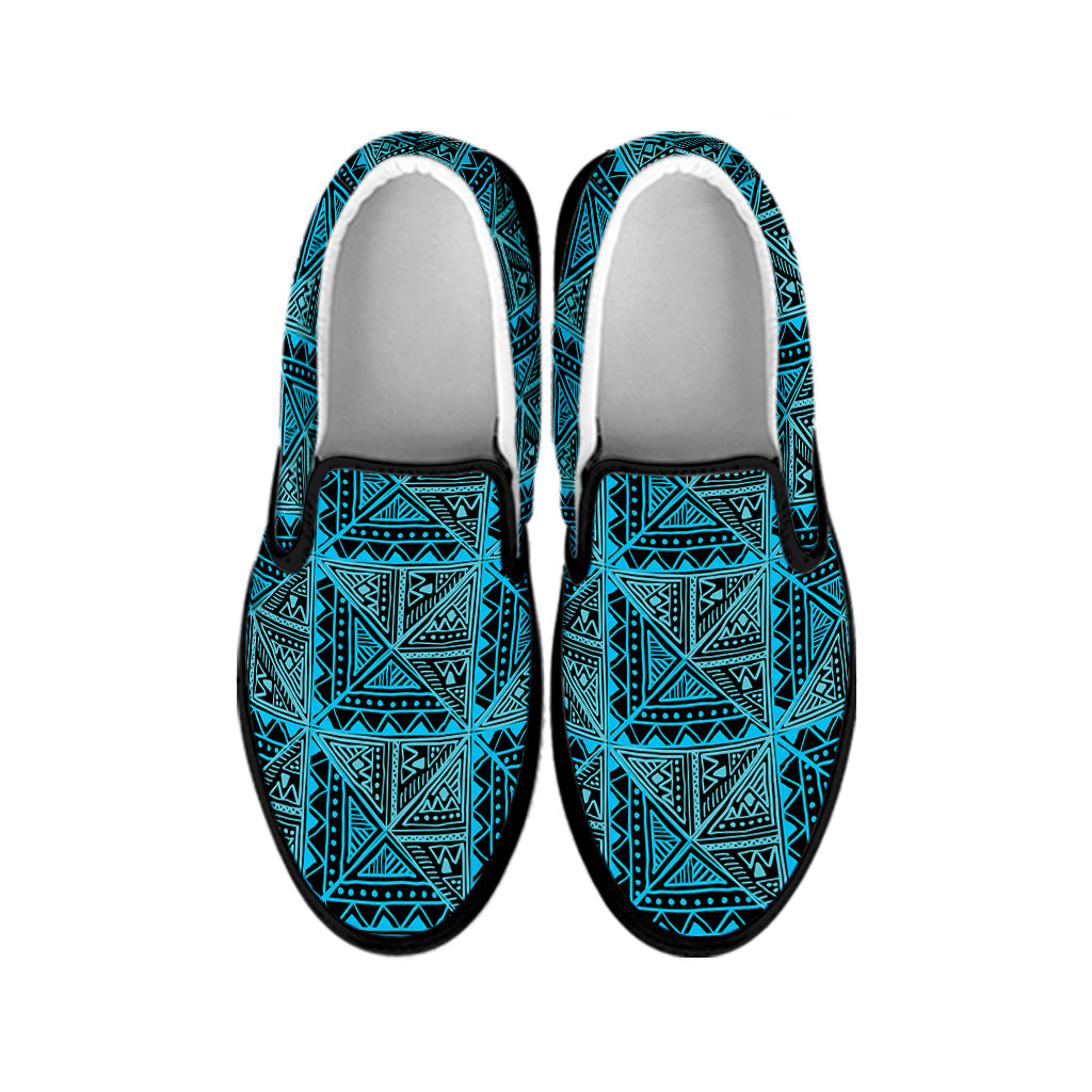 Turquoise African Ethnic Pattern Print Black Slip On Shoes