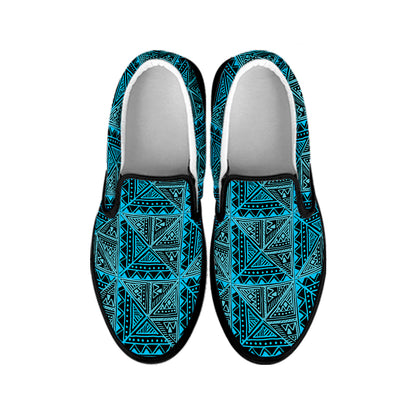 Turquoise African Ethnic Pattern Print Black Slip On Shoes