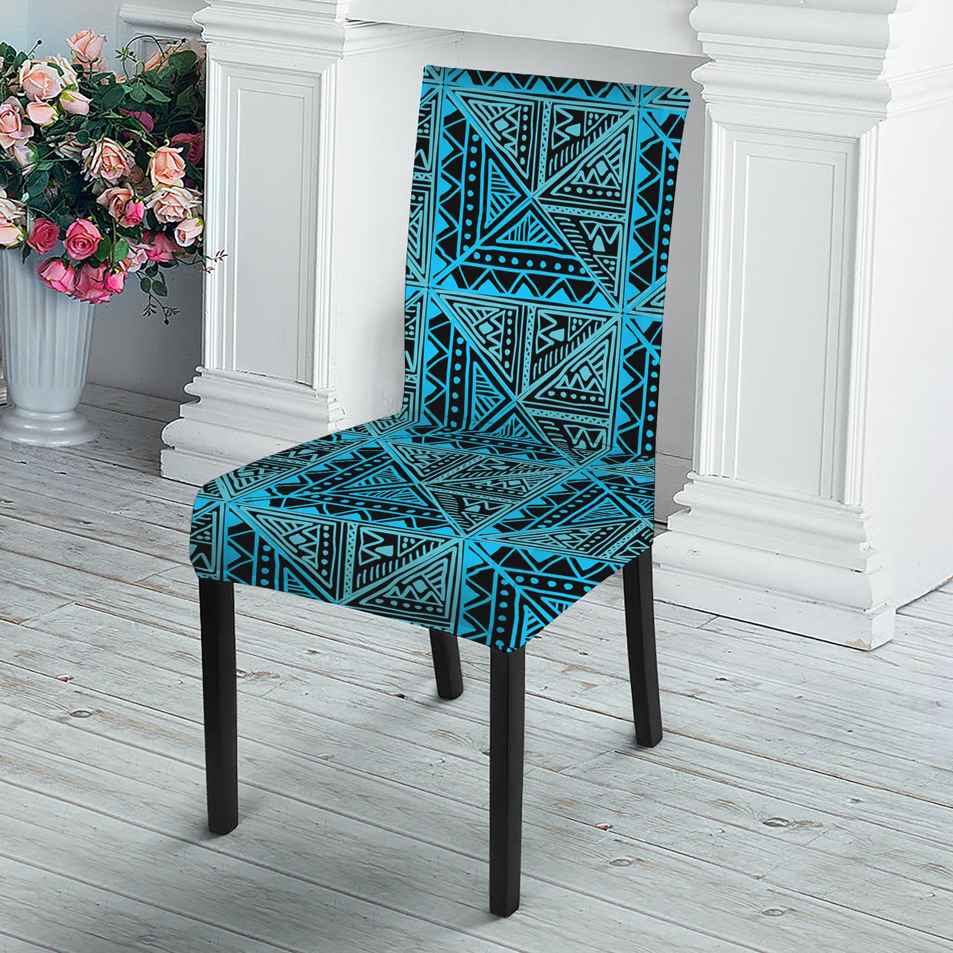 Turquoise African Ethnic Pattern Print Dining Chair Slipcover