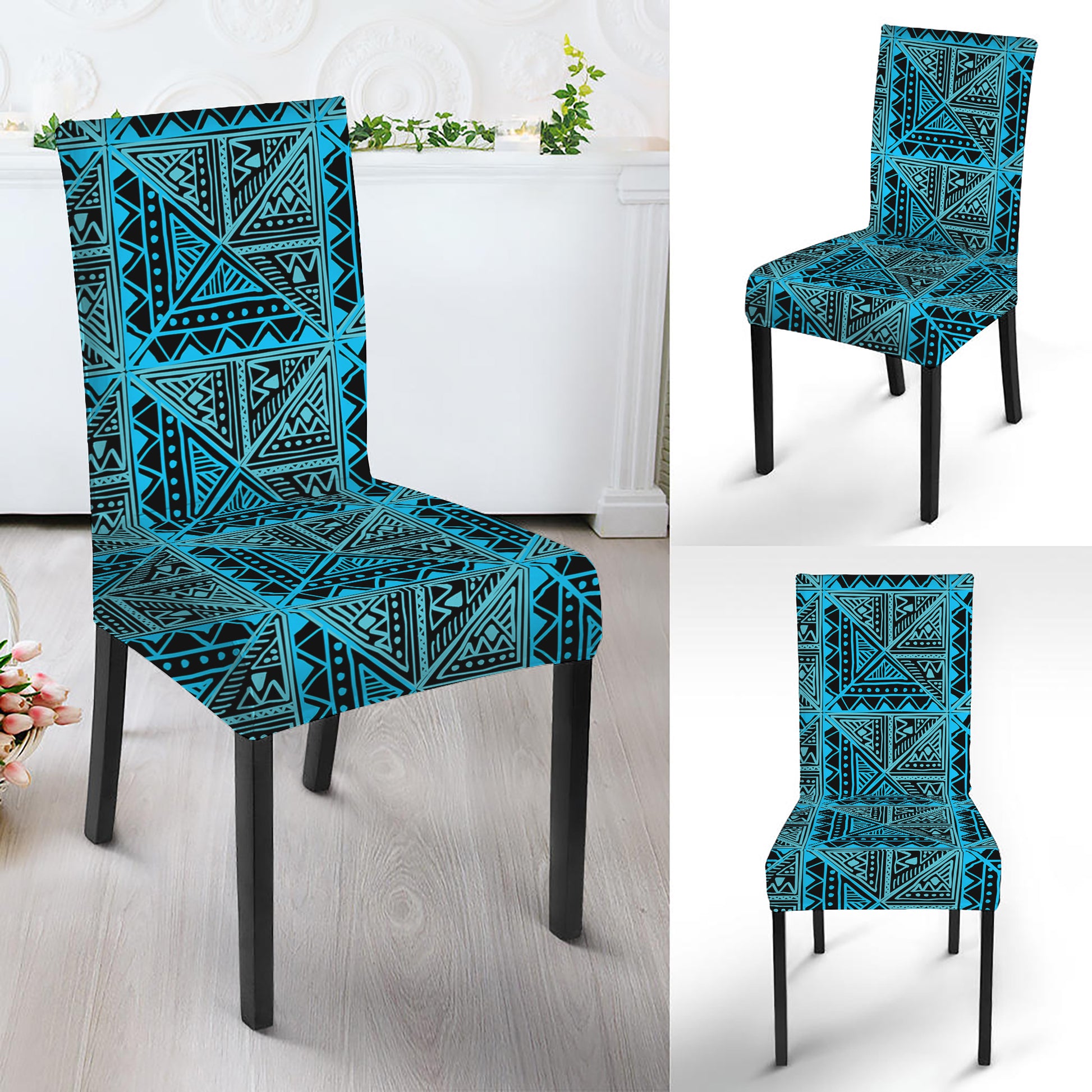 Turquoise African Ethnic Pattern Print Dining Chair Slipcover