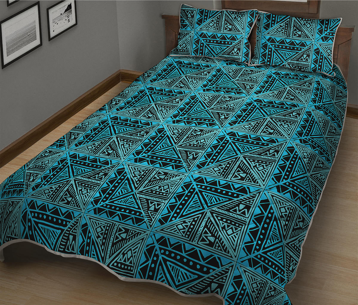 Turquoise African Ethnic Pattern Print Quilt Bed Set