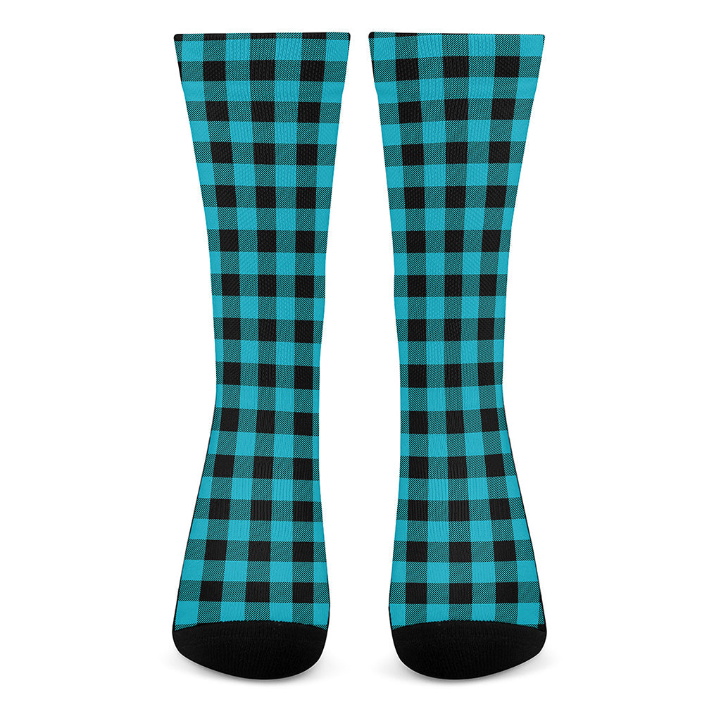 Turquoise And Black Buffalo Check Print Crew Socks