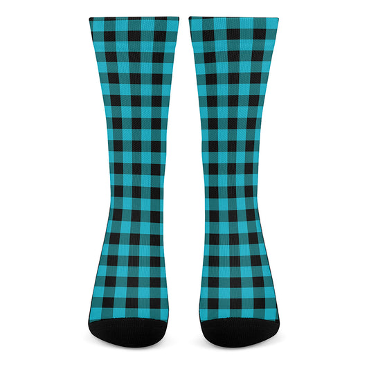 Turquoise And Black Buffalo Check Print Crew Socks