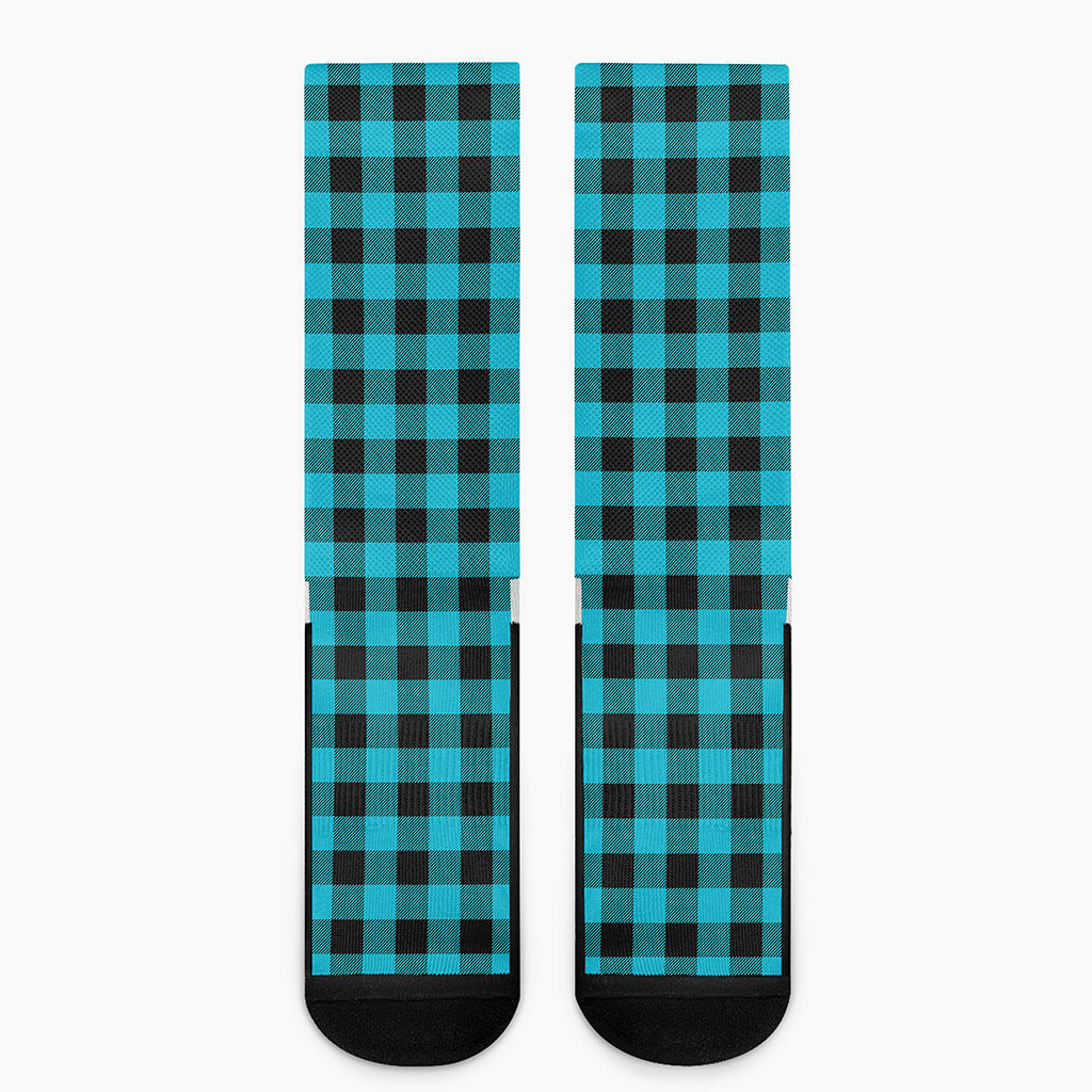 Turquoise And Black Buffalo Check Print Crew Socks