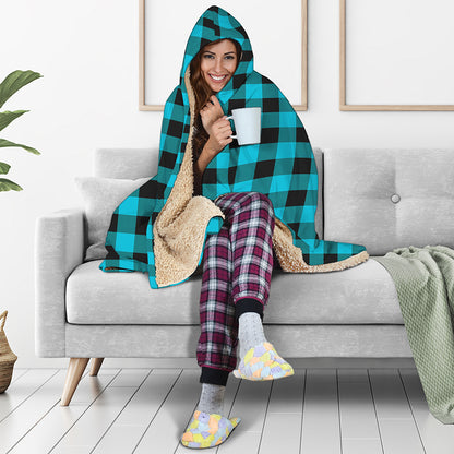Turquoise And Black Buffalo Check Print Hooded Blanket