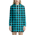 Turquoise And Black Buffalo Check Print Pullover Hoodie Dress
