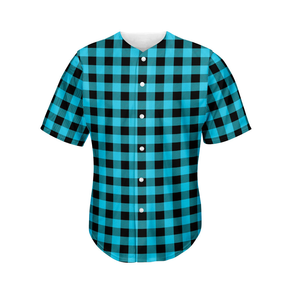Turquoise And Black Buffalo Check Print Men's Baseball Jersey