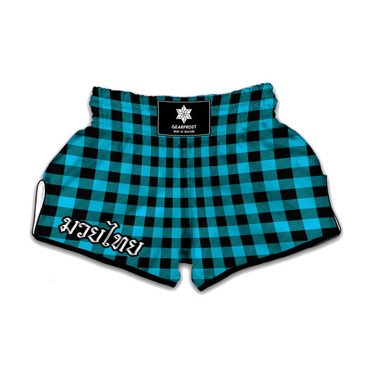Turquoise And Black Buffalo Check Print Muay Thai Boxing Shorts