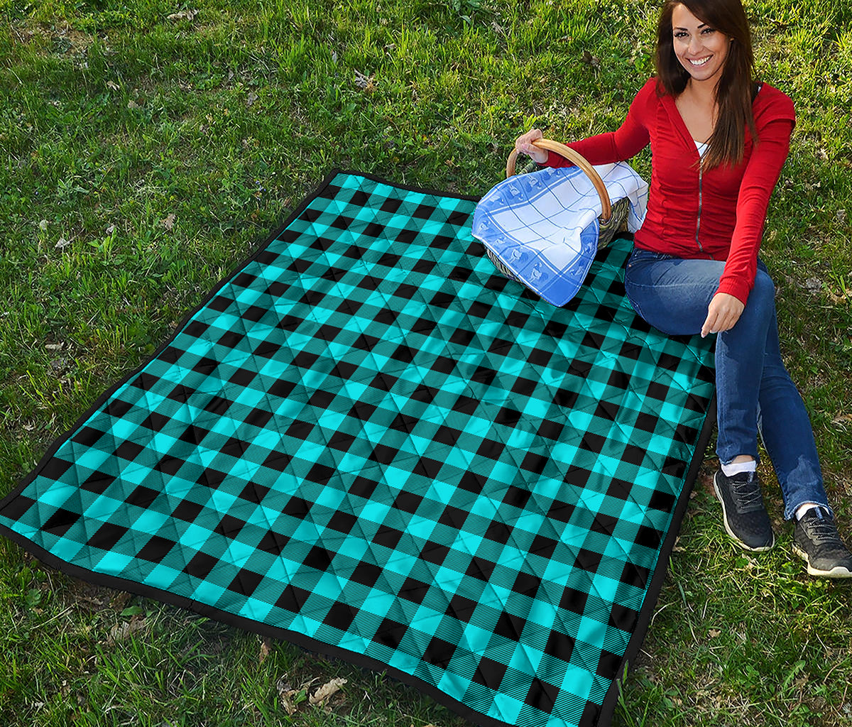 Turquoise And Black Buffalo Check Print Quilt