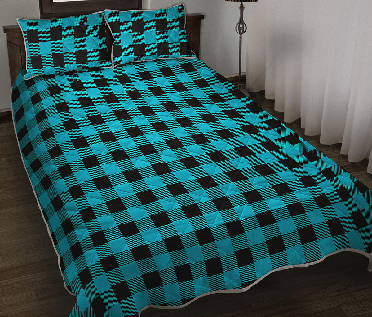 Turquoise And Black Buffalo Check Print Quilt Bed Set