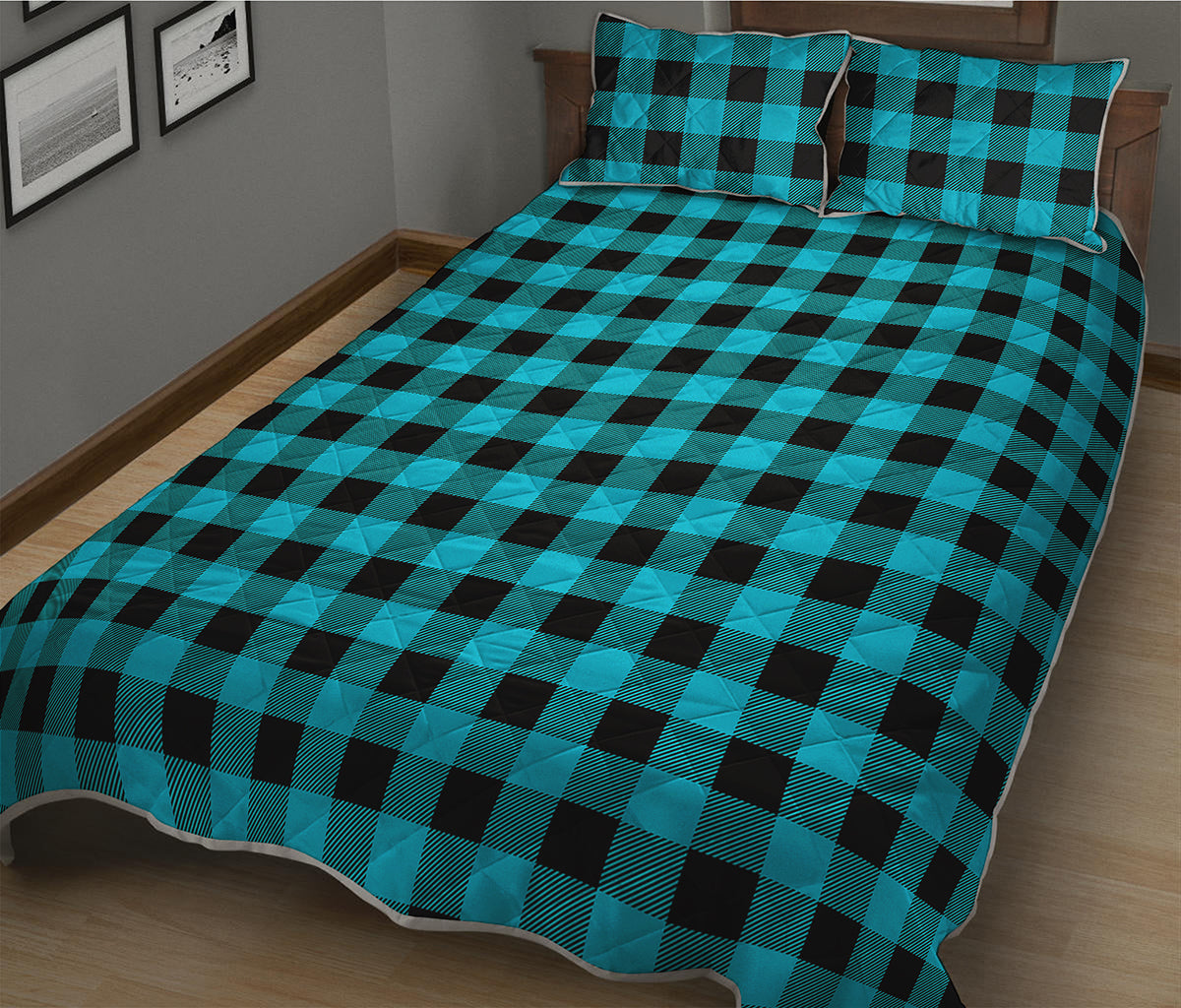 Turquoise And Black Buffalo Check Print Quilt Bed Set