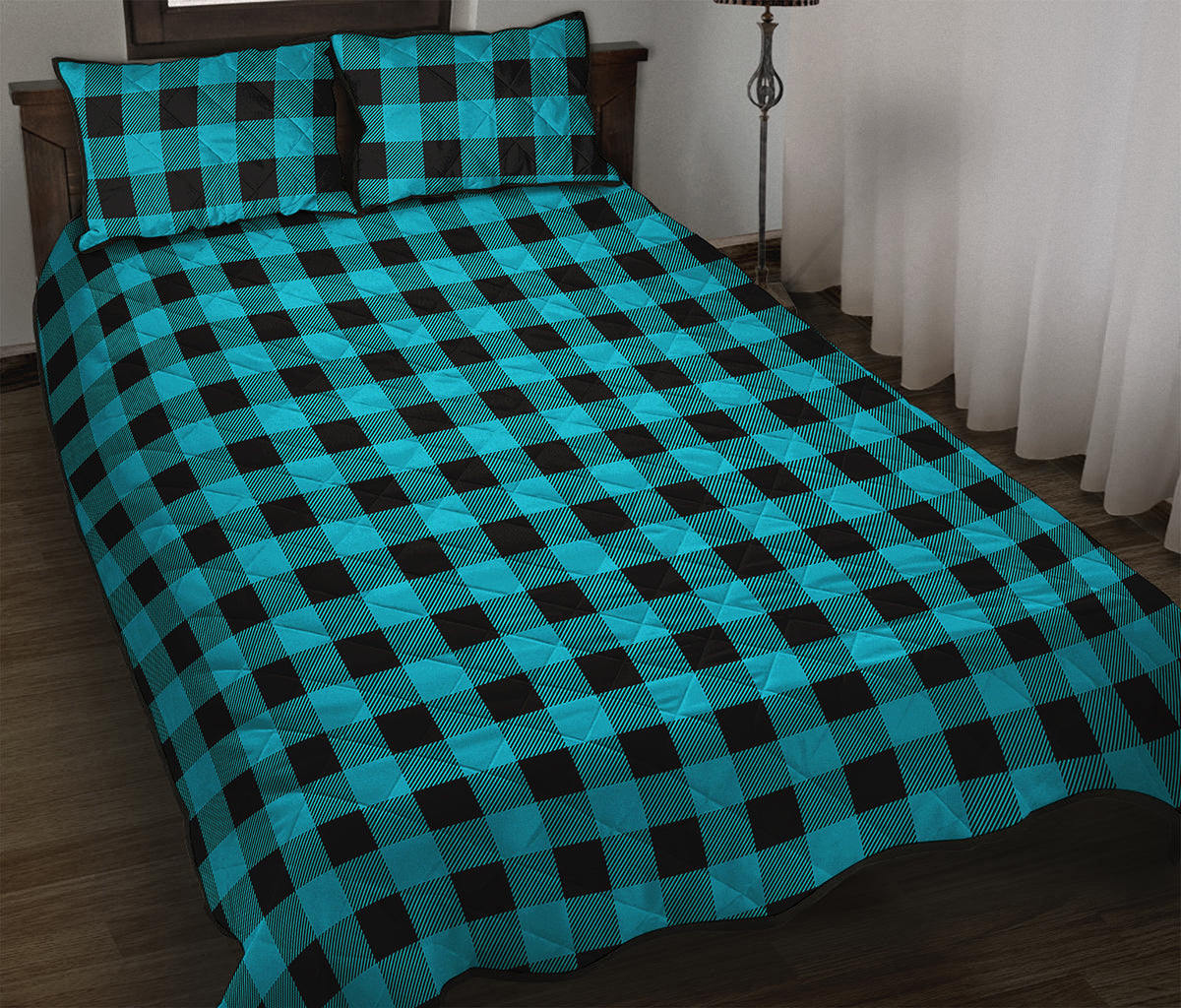 Turquoise And Black Buffalo Check Print Quilt Bed Set