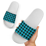 Turquoise And Black Buffalo Check Print White Slide Sandals