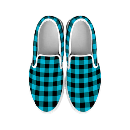 Turquoise And Black Buffalo Check Print White Slip On Shoes