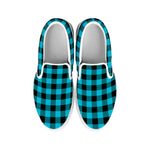 Turquoise And Black Buffalo Check Print White Slip On Shoes