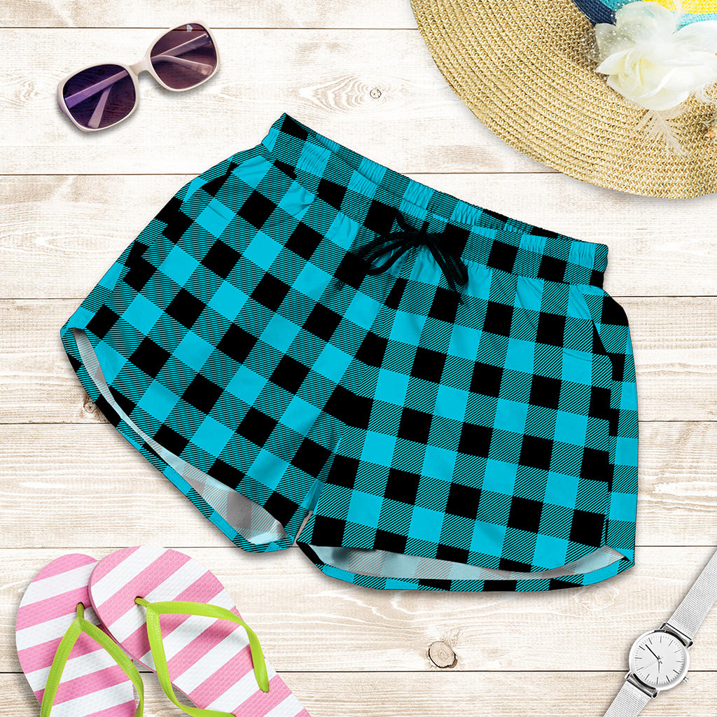 Turquoise And Black Buffalo Check Print Women's Shorts