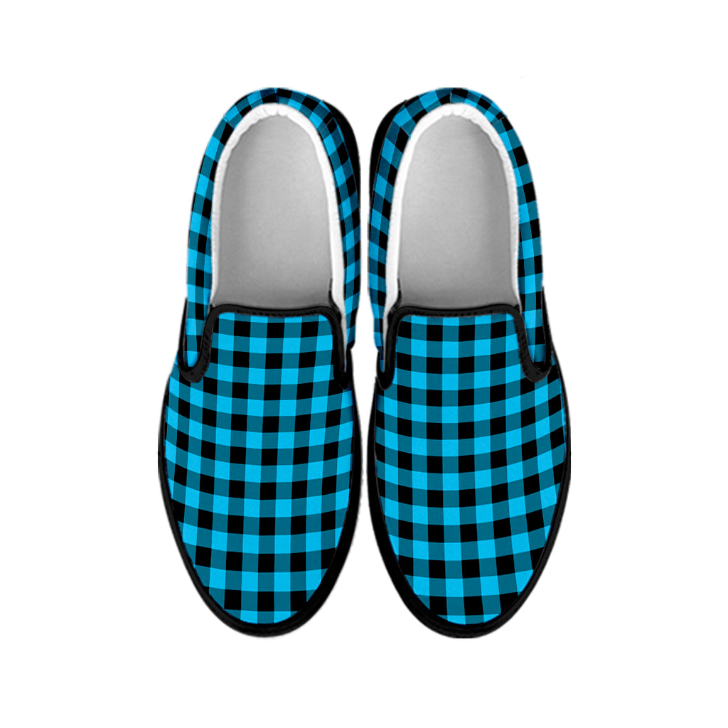 Turquoise And Black Check Pattern Print Black Slip On Shoes