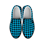 Turquoise And Black Check Pattern Print Black Slip On Shoes