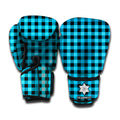 Turquoise And Black Check Pattern Print Boxing Gloves