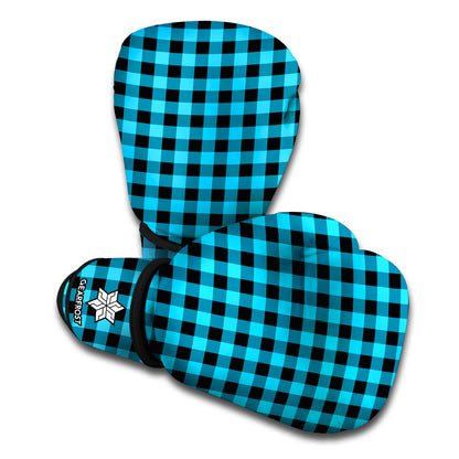 Turquoise And Black Check Pattern Print Boxing Gloves