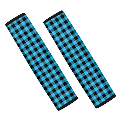 Turquoise And Black Check Pattern Print Car Seat Belt Covers