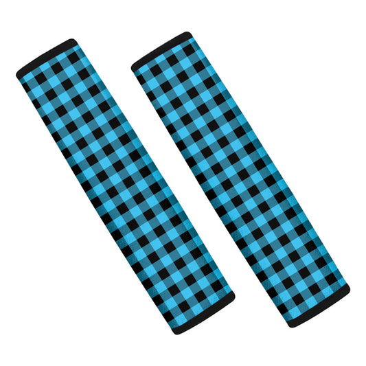 Turquoise And Black Check Pattern Print Car Seat Belt Covers