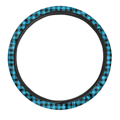 Turquoise And Black Check Pattern Print Car Steering Wheel Cover