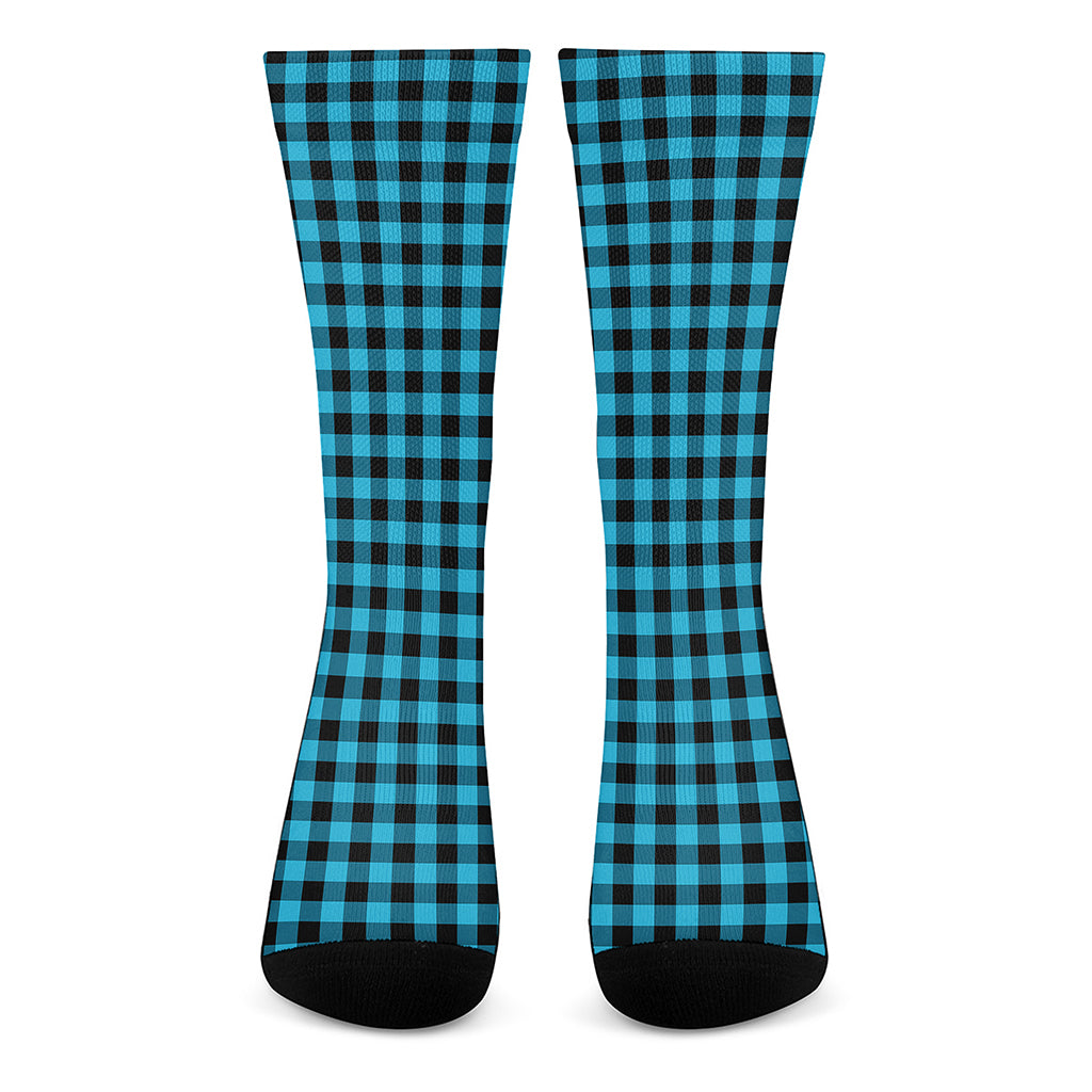 Turquoise And Black Check Pattern Print Crew Socks